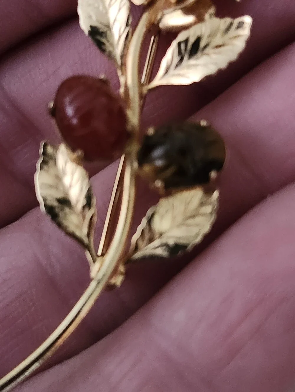 Vtf Gold Tone Rose Brooch with Faux Pearl and Red & Green Stones